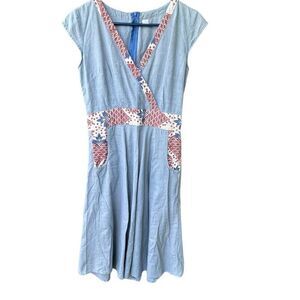 Pinup style Chambray dress size M ( runs S) cap sleeves fit n flare faux wrap .